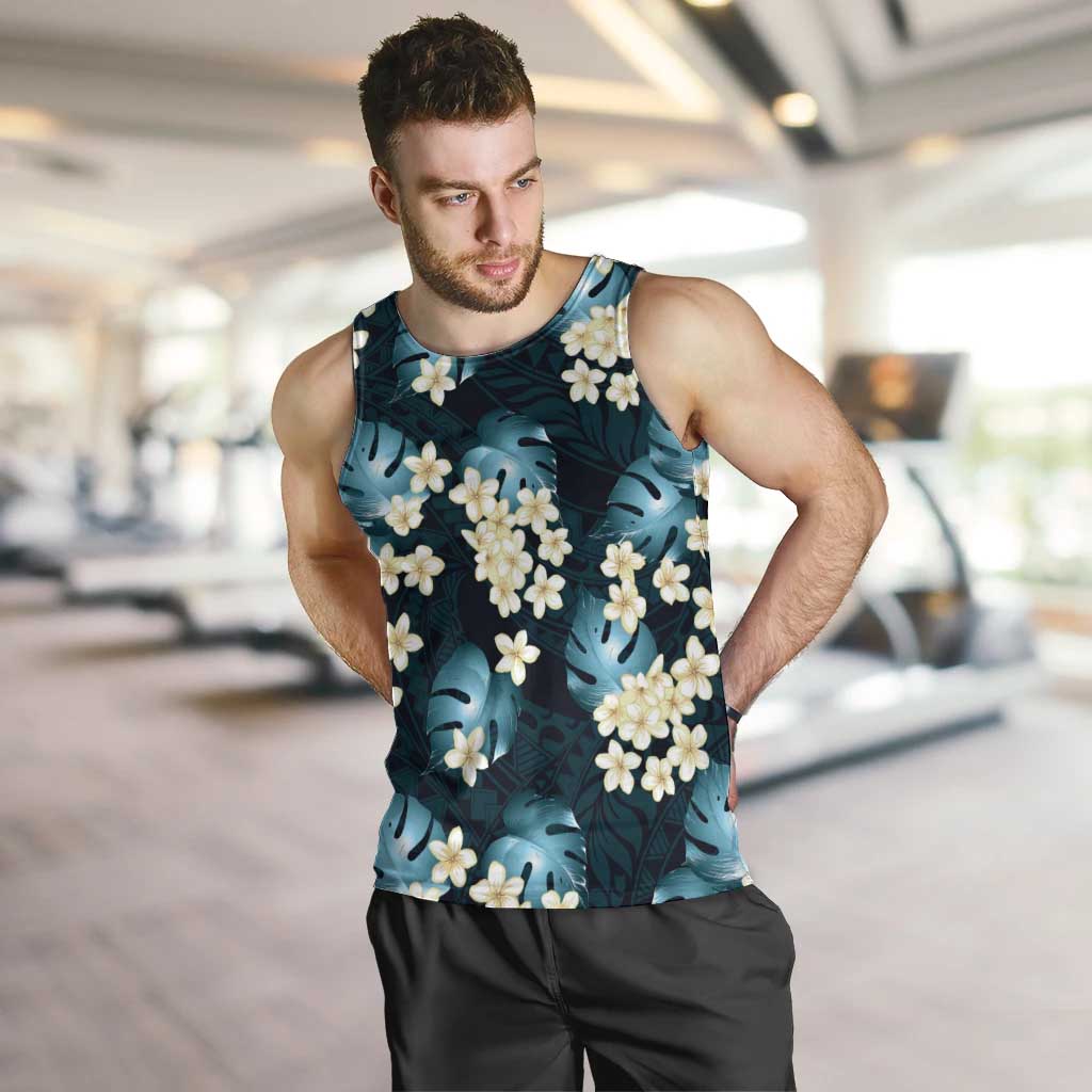 Dark Cyan Tropical Hawaii Men Tank Top Seamless Monstera Plumeria Hawaiian Pattern - Polynesian Pride