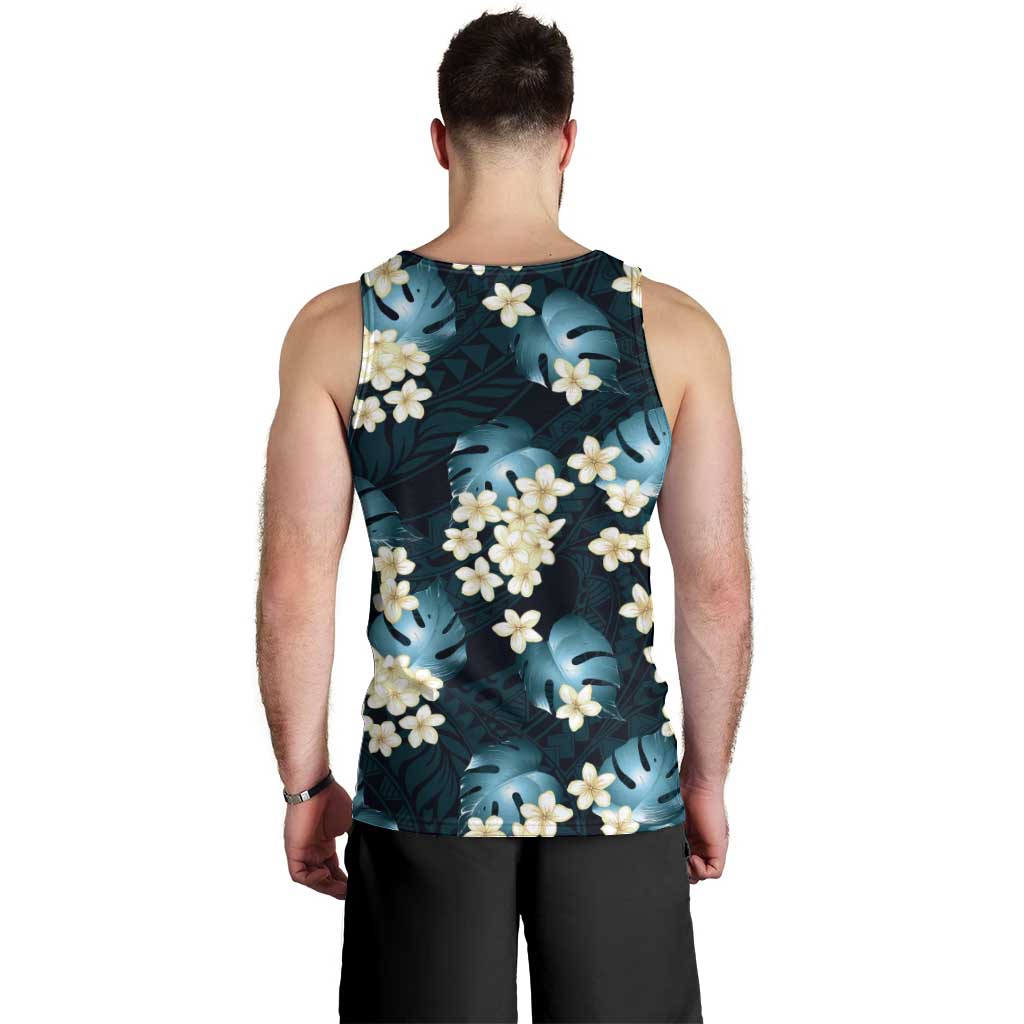 Dark Cyan Tropical Hawaii Men Tank Top Seamless Monstera Plumeria Hawaiian Pattern LT14 - Polynesian Pride