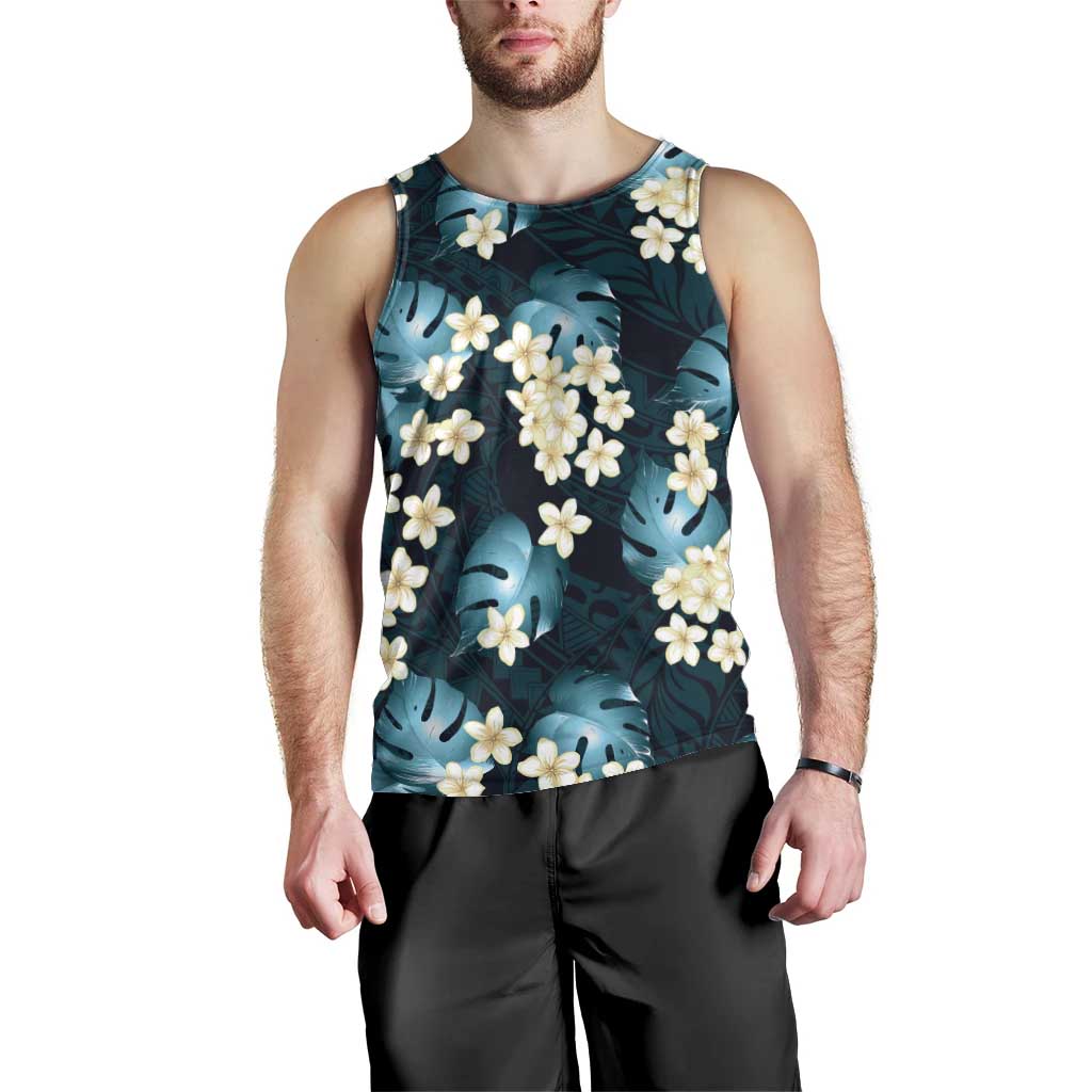 Dark Cyan Tropical Hawaii Men Tank Top Seamless Monstera Plumeria Hawaiian Pattern LT14 - Polynesian Pride