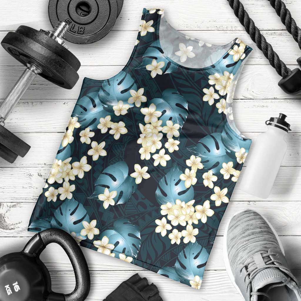 Dark Cyan Tropical Hawaii Men Tank Top Seamless Monstera Plumeria Hawaiian Pattern LT14 - Polynesian Pride