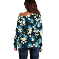 Dark Cyan Tropical Hawaii Off Shoulder Sweater Seamless Monstera Plumeria Hawaiian Pattern - Polynesian Pride