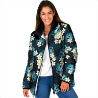 Dark Cyan Tropical Hawaii Padded Jacket Seamless Monstera Plumeria Hawaiian Pattern LT14 Women Dark Cyan - Polynesian Pride