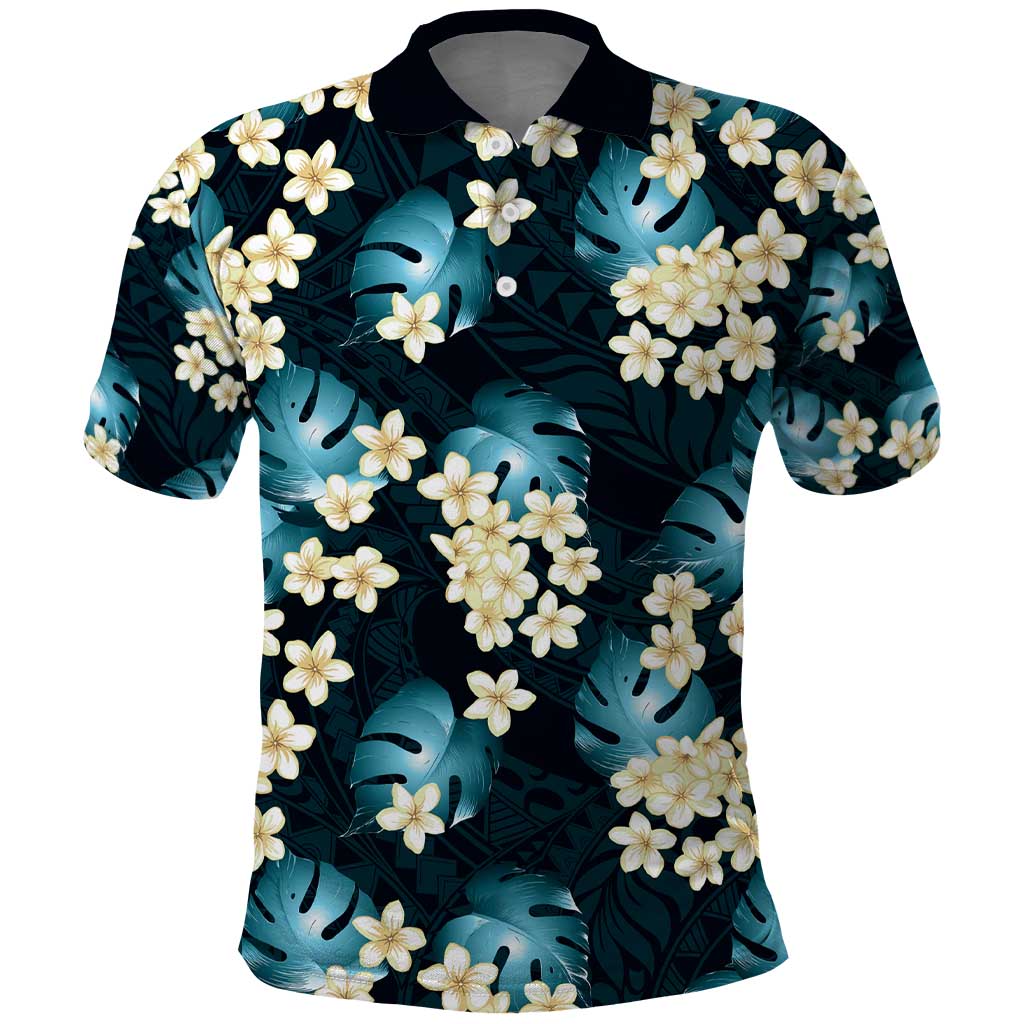 Dark Cyan Tropical Hawaii Polo Shirt Seamless Monstera Plumeria Hawaiian Pattern - Polynesian Pride