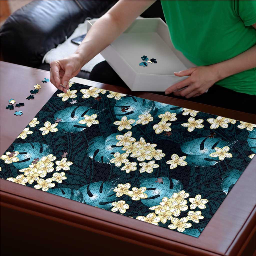 Dark Cyan Tropical Hawaii Puzzle Seamless Monstera Plumeria Hawaiian Pattern LT14 - Polynesian Pride