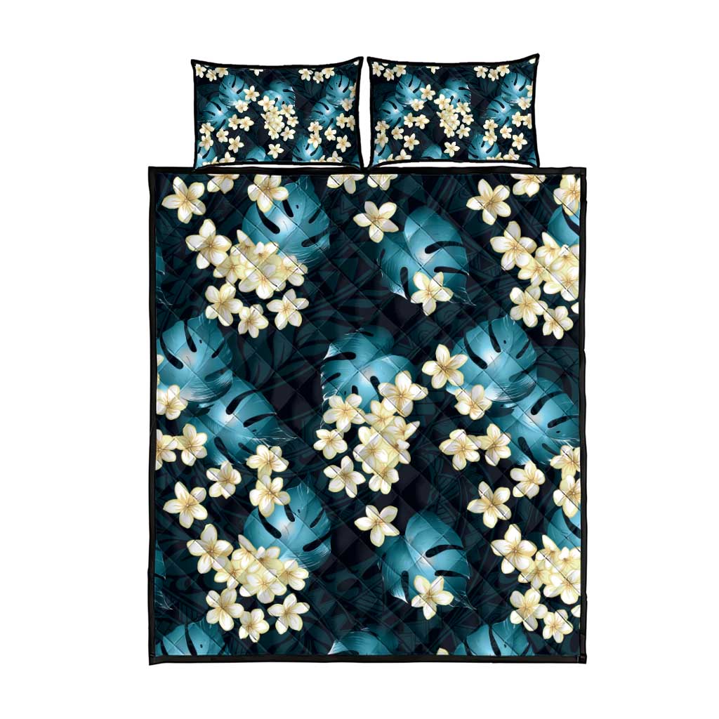 Dark Cyan Tropical Hawaii Quilt Bed Set Seamless Monstera Plumeria Hawaiian Pattern - Polynesian Pride