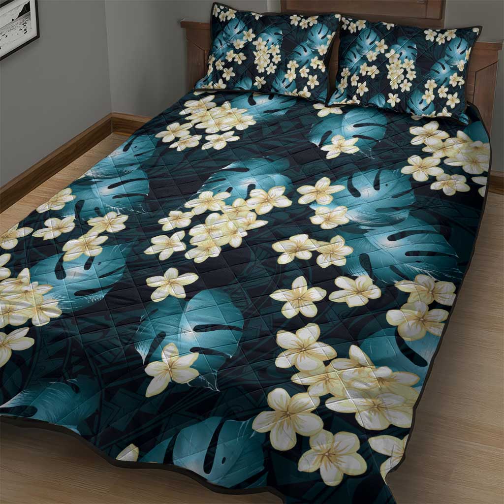 Dark Cyan Tropical Hawaii Quilt Bed Set Seamless Monstera Plumeria Hawaiian Pattern - Polynesian Pride