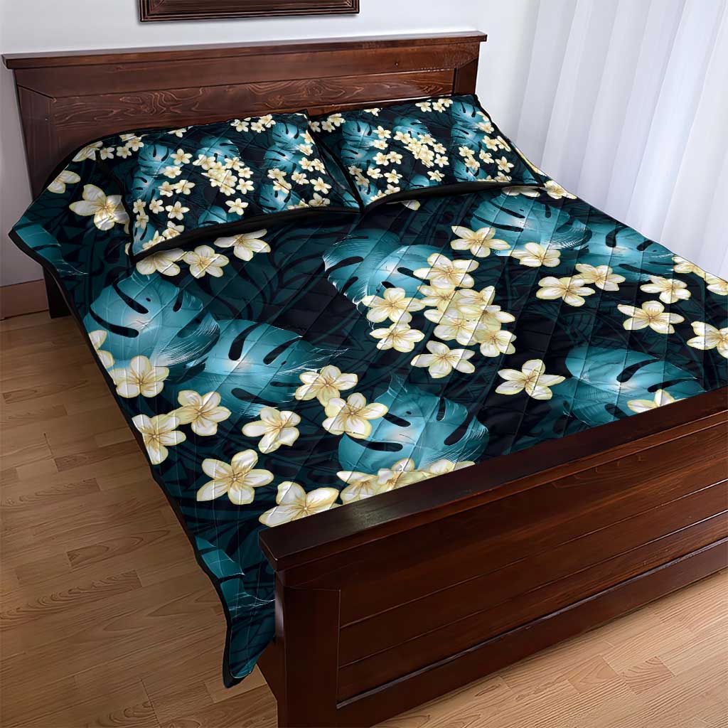 Dark Cyan Tropical Hawaii Quilt Bed Set Seamless Monstera Plumeria Hawaiian Pattern - Polynesian Pride