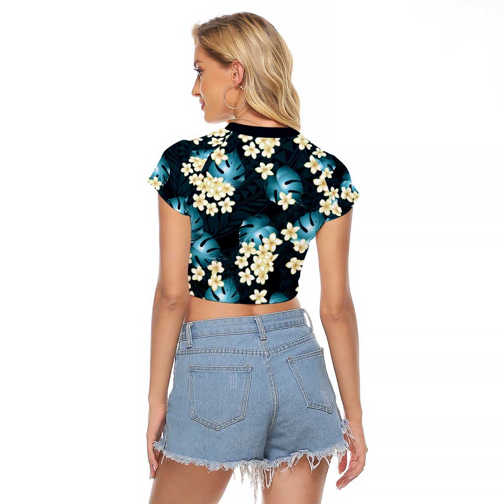 Dark Cyan Tropical Hawaii Raglan Cropped T Shirt Seamless Monstera Plumeria Hawaiian Pattern - Polynesian Pride
