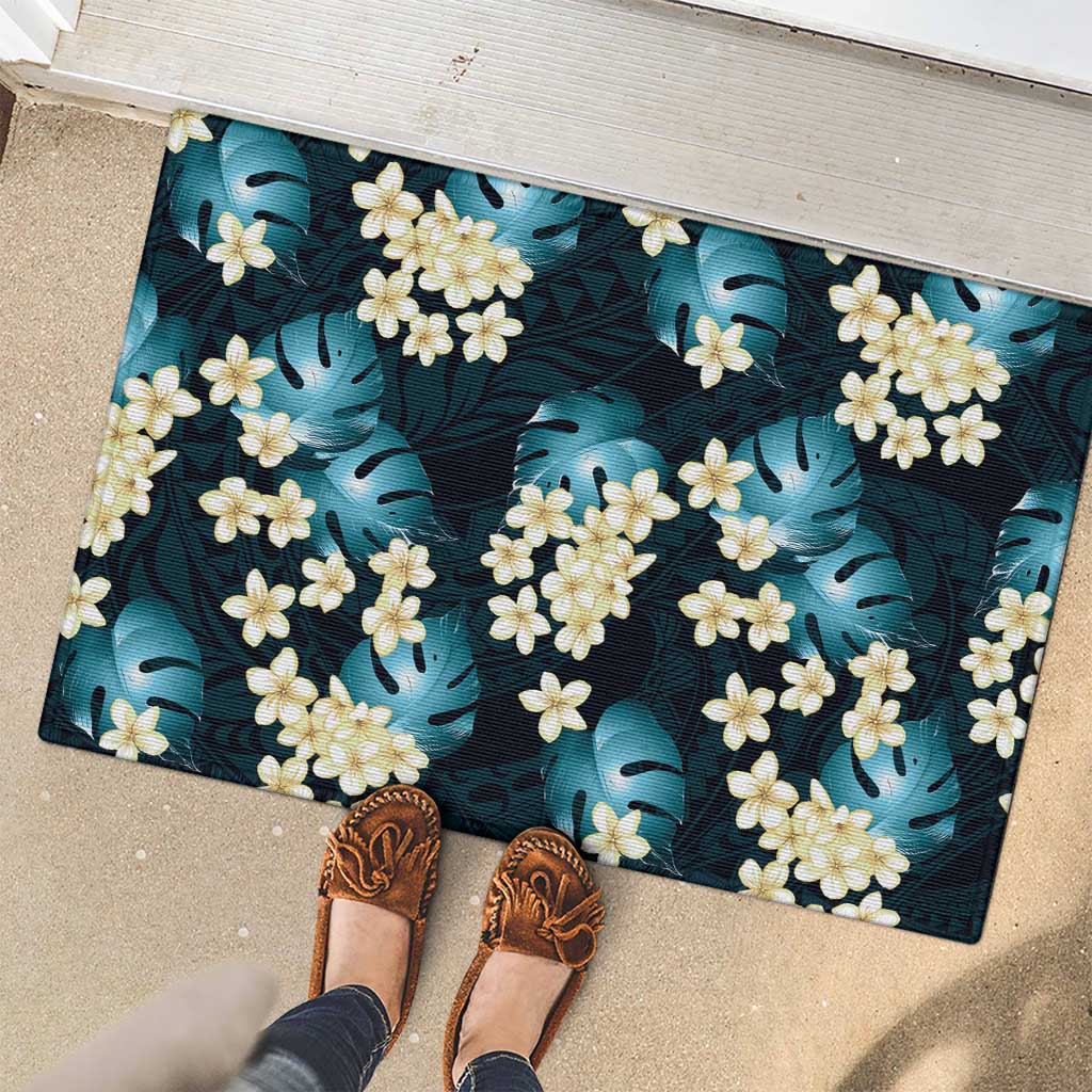 Dark Cyan Tropical Hawaii Rubber Doormat Seamless Monstera Plumeria Hawaiian Pattern LT14 - Polynesian Pride