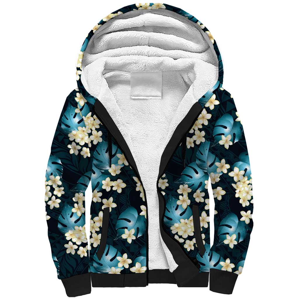 Dark Cyan Tropical Hawaii Sherpa Hoodie Seamless Monstera Plumeria Hawaiian Pattern LT14 Unisex Dark Cyan - Polynesian Pride