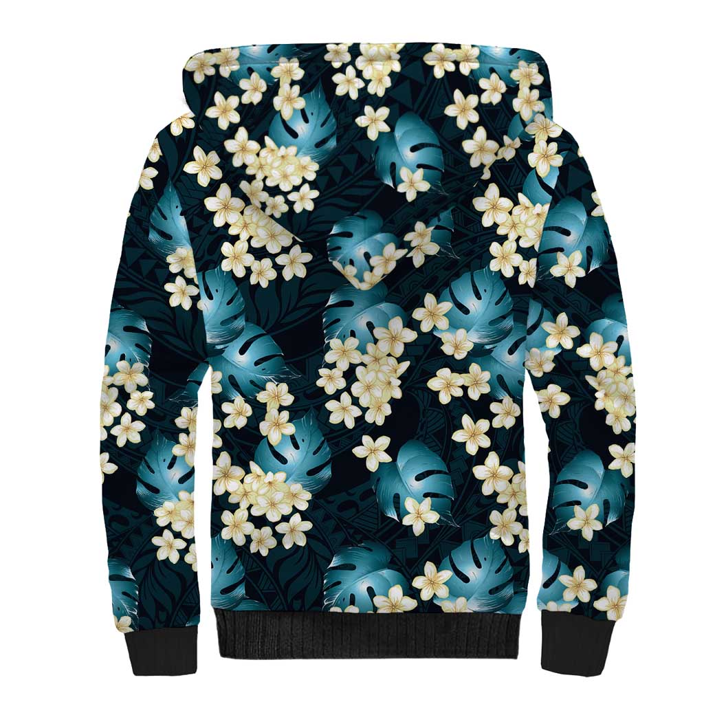 Dark Cyan Tropical Hawaii Sherpa Hoodie Seamless Monstera Plumeria Hawaiian Pattern LT14 - Polynesian Pride