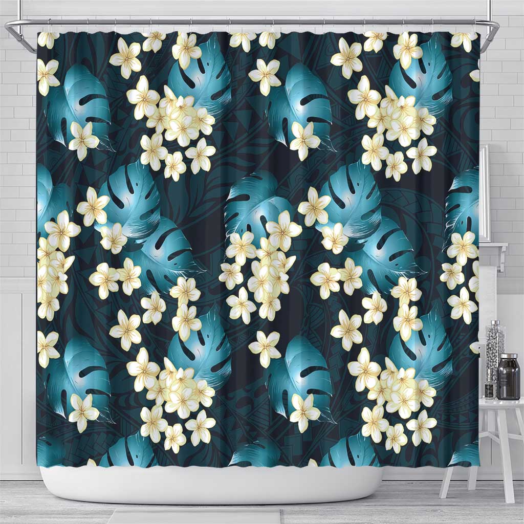 Dark Cyan Tropical Hawaii Shower Curtain Seamless Monstera Plumeria Hawaiian Pattern - Polynesian Pride