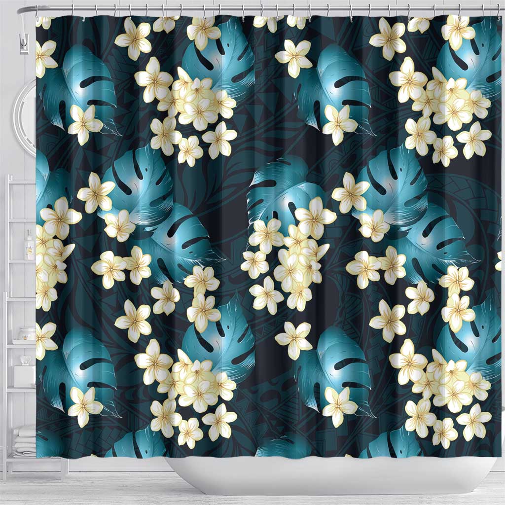 Dark Cyan Tropical Hawaii Shower Curtain Seamless Monstera Plumeria Hawaiian Pattern - Polynesian Pride