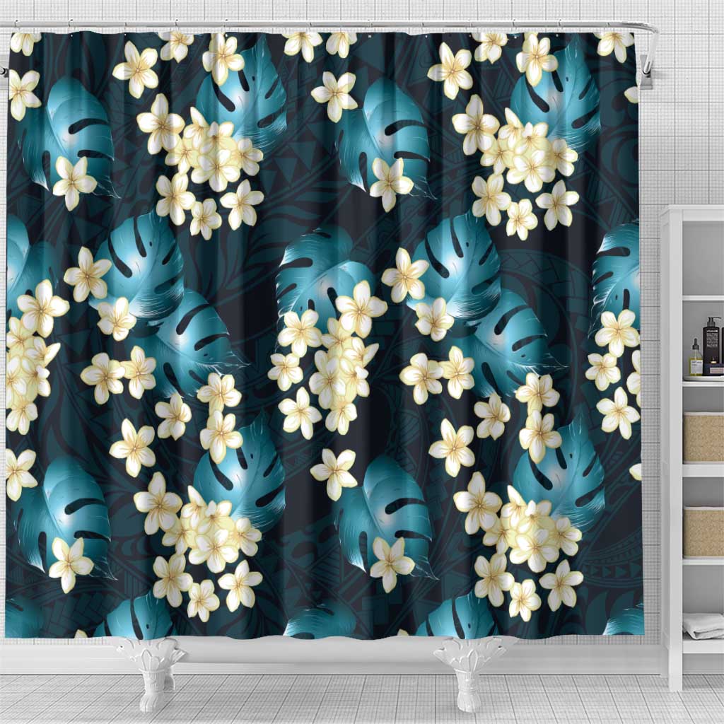 Dark Cyan Tropical Hawaii Shower Curtain Seamless Monstera Plumeria Hawaiian Pattern - Polynesian Pride
