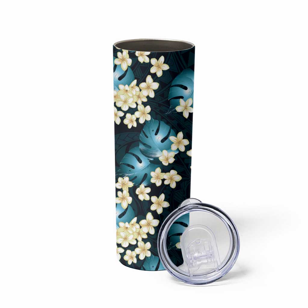 Dark Cyan Tropical Hawaii Skinny Tumbler Seamless Monstera Plumeria Hawaiian Pattern - Polynesian Pride
