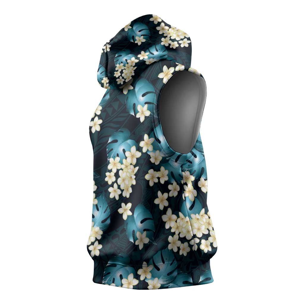 Dark Cyan Tropical Hawaii Sleeveless Hoodie Seamless Monstera Plumeria Hawaiian Pattern LT14 - Polynesian Pride