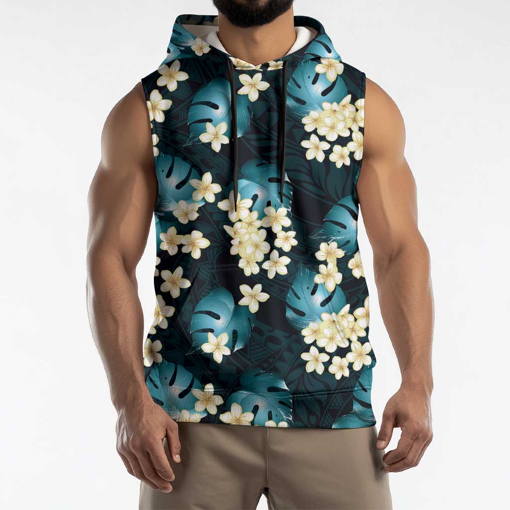 Dark Cyan Tropical Hawaii Sleeveless Hoodie Seamless Monstera Plumeria Hawaiian Pattern LT14 - Polynesian Pride