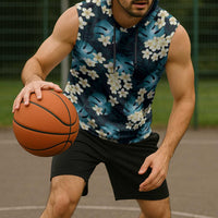 Dark Cyan Tropical Hawaii Sleeveless Hoodie Seamless Monstera Plumeria Hawaiian Pattern LT14 - Polynesian Pride
