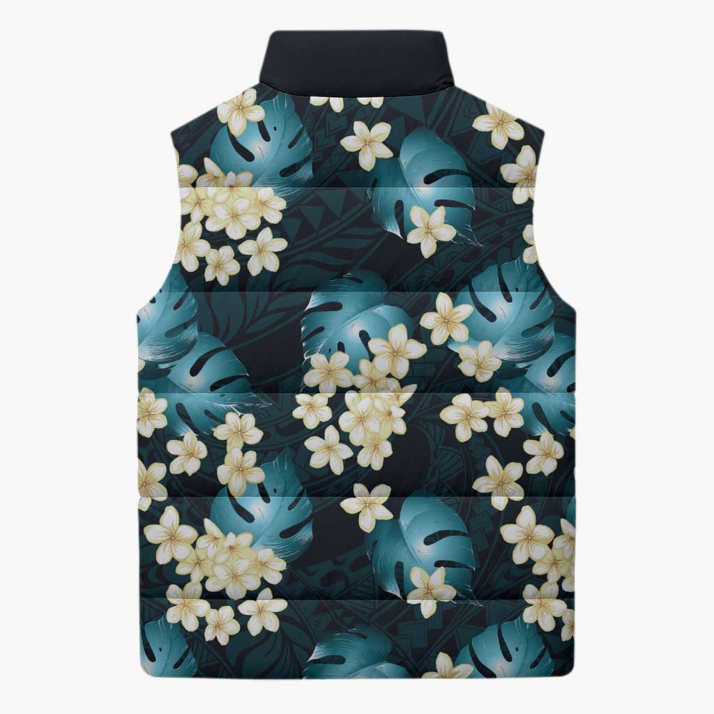 Dark Cyan Tropical Hawaii Sleeveless Puffer Jacket Seamless Monstera Plumeria Hawaiian Pattern LT14 - Polynesian Pride