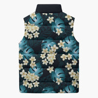 Dark Cyan Tropical Hawaii Sleeveless Puffer Jacket Seamless Monstera Plumeria Hawaiian Pattern LT14 - Polynesian Pride