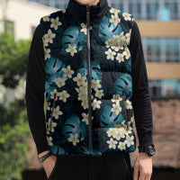 Dark Cyan Tropical Hawaii Sleeveless Puffer Jacket Seamless Monstera Plumeria Hawaiian Pattern LT14 - Polynesian Pride