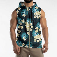 Dark Cyan Tropical Hawaii Sleeveless Zip Hoodie Seamless Monstera Plumeria Hawaiian Pattern - Polynesian Pride