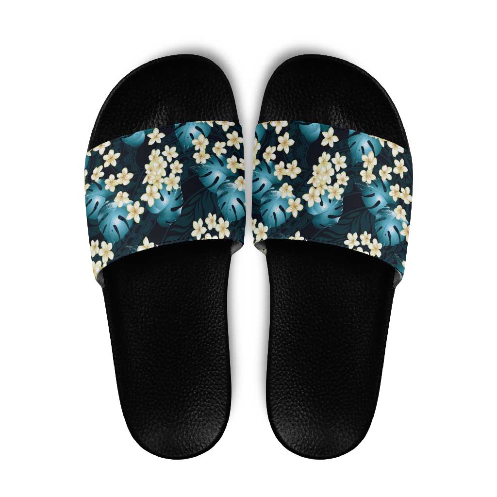 Dark Cyan Tropical Hawaii Slide Sandals Seamless Monstera Plumeria Hawaiian Pattern - Polynesian Pride