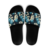 Dark Cyan Tropical Hawaii Slide Sandals Seamless Monstera Plumeria Hawaiian Pattern - Polynesian Pride