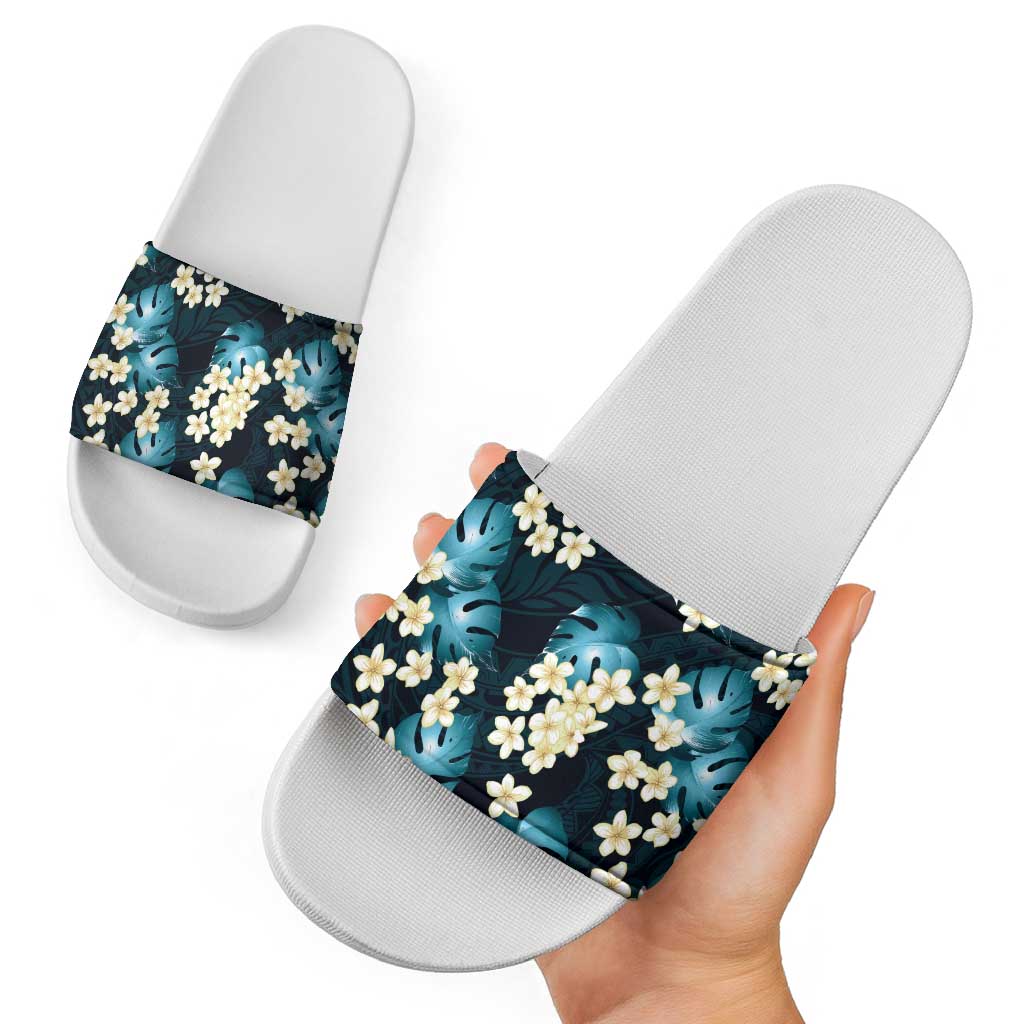 Dark Cyan Tropical Hawaii Slide Sandals Seamless Monstera Plumeria Hawaiian Pattern - Polynesian Pride