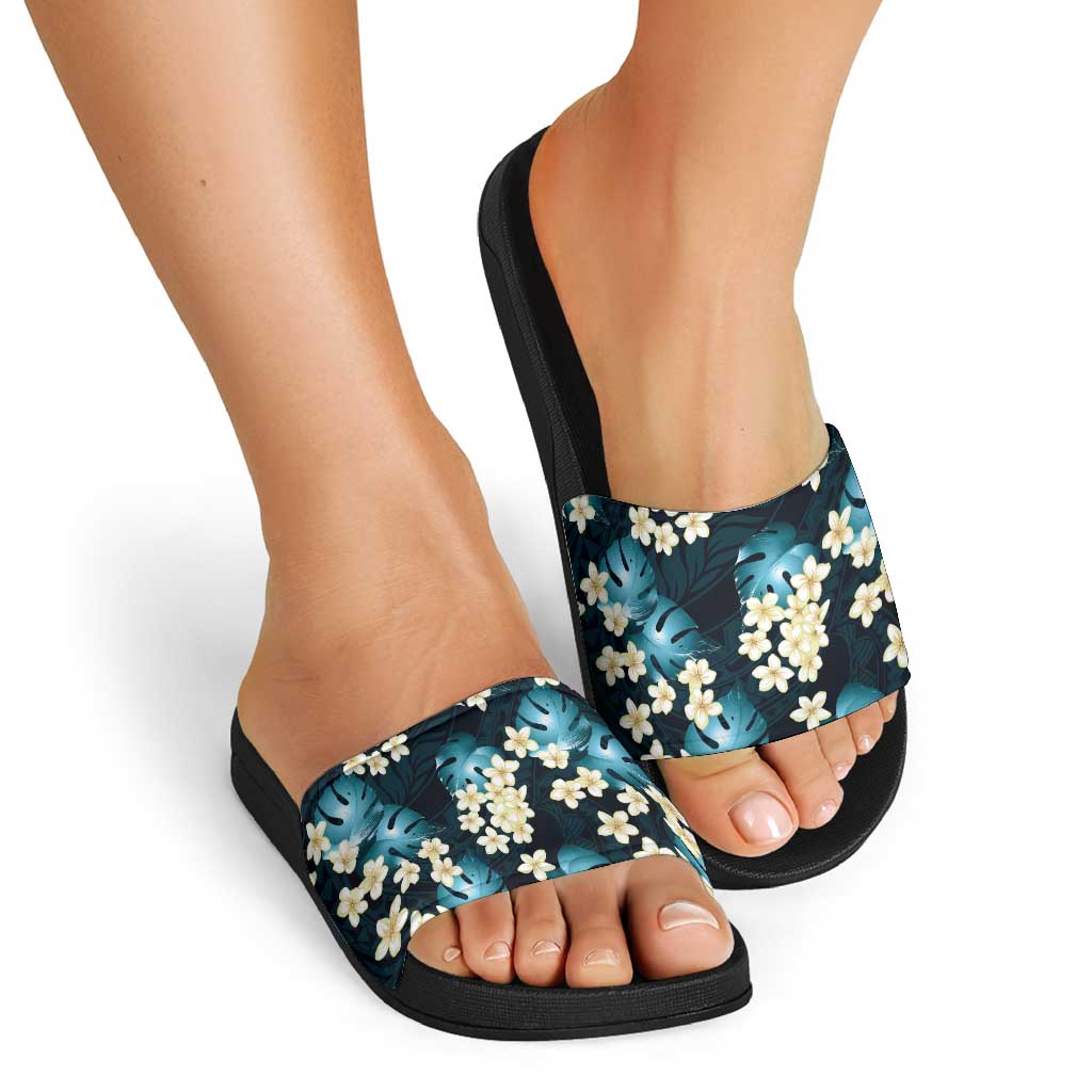 Dark Cyan Tropical Hawaii Slide Sandals Seamless Monstera Plumeria Hawaiian Pattern - Polynesian Pride
