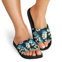 Dark Cyan Tropical Hawaii Slide Sandals Seamless Monstera Plumeria Hawaiian Pattern - Polynesian Pride