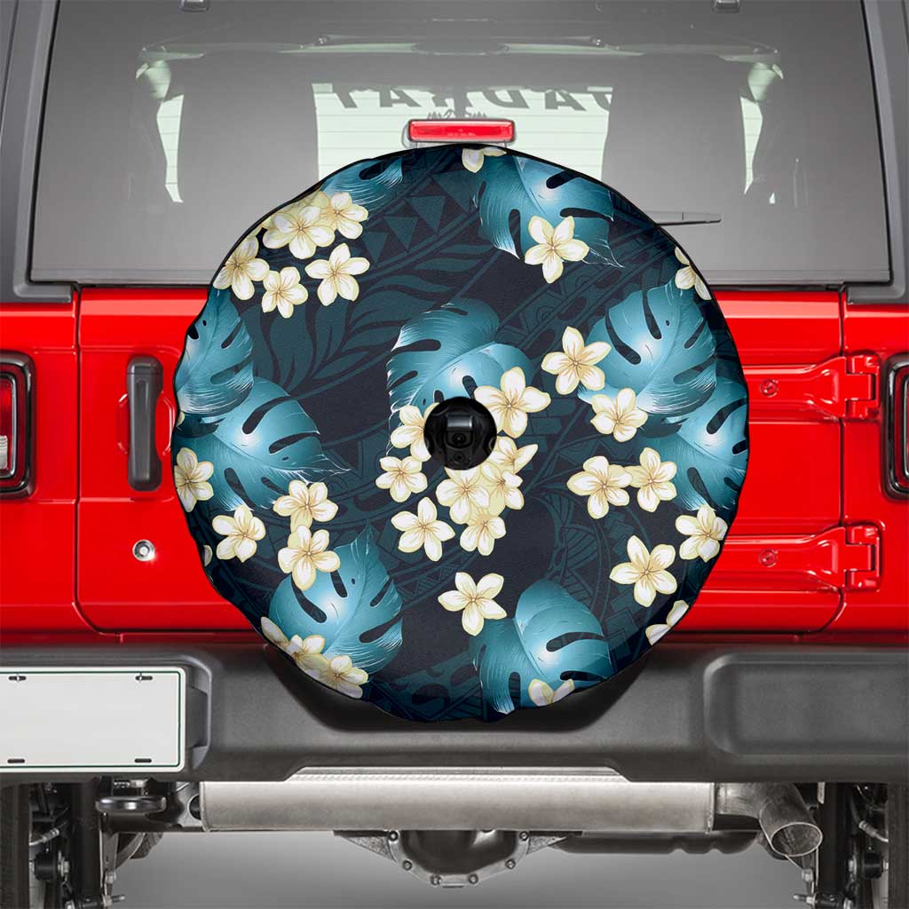 Dark Cyan Tropical Hawaii Spare Tire Cover Seamless Monstera Plumeria Hawaiian Pattern - Polynesian Pride