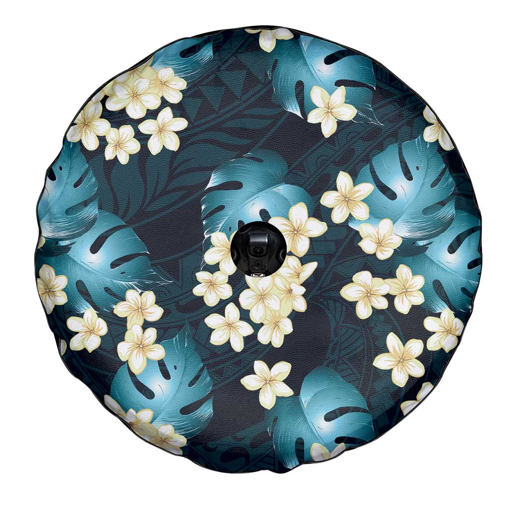 Dark Cyan Tropical Hawaii Spare Tire Cover Seamless Monstera Plumeria Hawaiian Pattern - Polynesian Pride