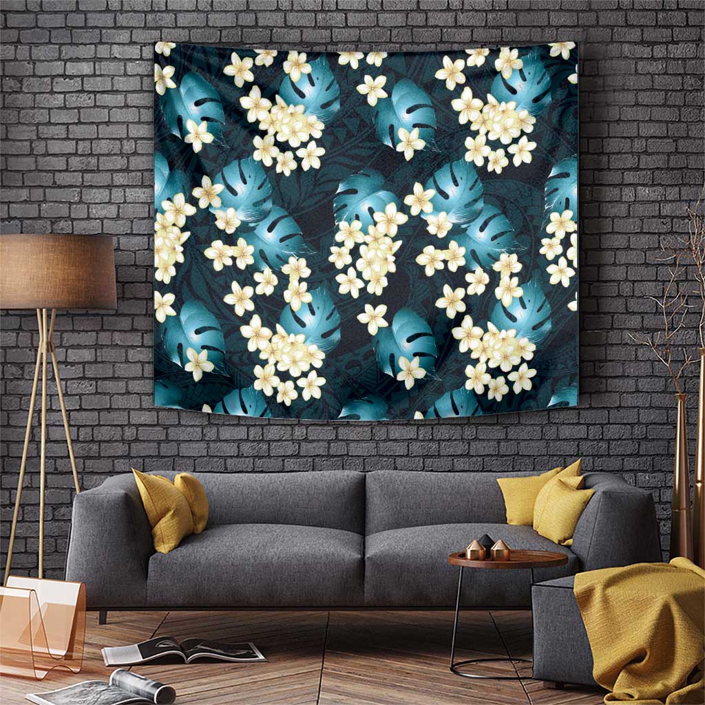 Dark Cyan Tropical Hawaii Tapestry Seamless Monstera Plumeria Hawaiian Pattern - Polynesian Pride