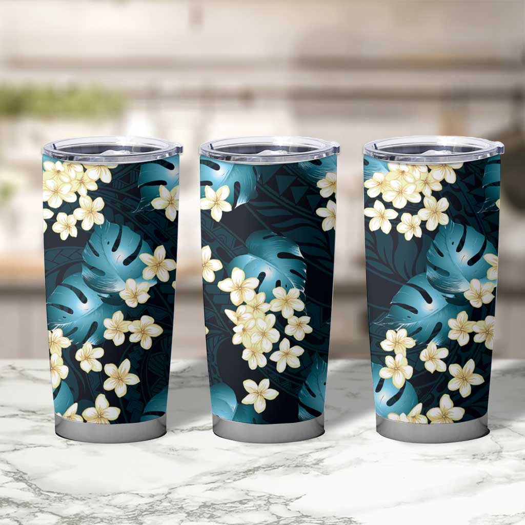 Dark Cyan Tropical Hawaii Tumbler Cup Seamless Monstera Plumeria Hawaiian Pattern - Polynesian Pride