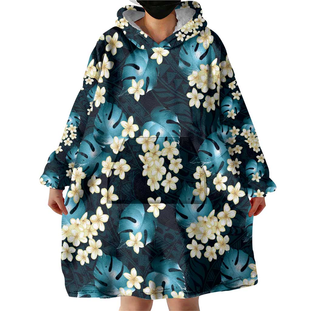 Dark Cyan Tropical Hawaii Wearable Blanket Hoodie Seamless Monstera Plumeria Hawaiian Pattern LT14 - Polynesian Pride