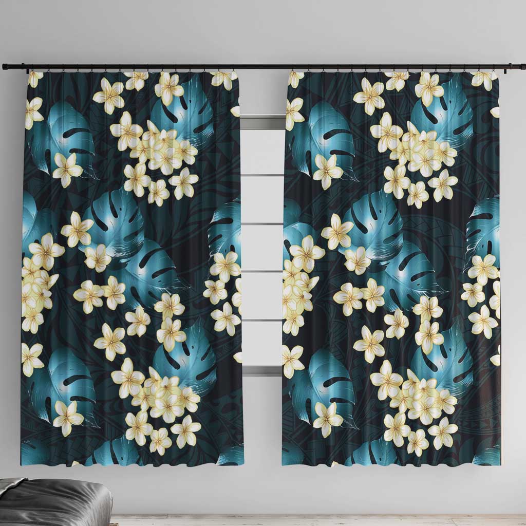 Dark Cyan Tropical Hawaii Window Curtain Seamless Monstera Plumeria Hawaiian Pattern - Polynesian Pride