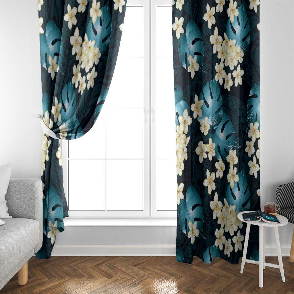 Dark Cyan Tropical Hawaii Window Curtain Seamless Monstera Plumeria Hawaiian Pattern - Polynesian Pride