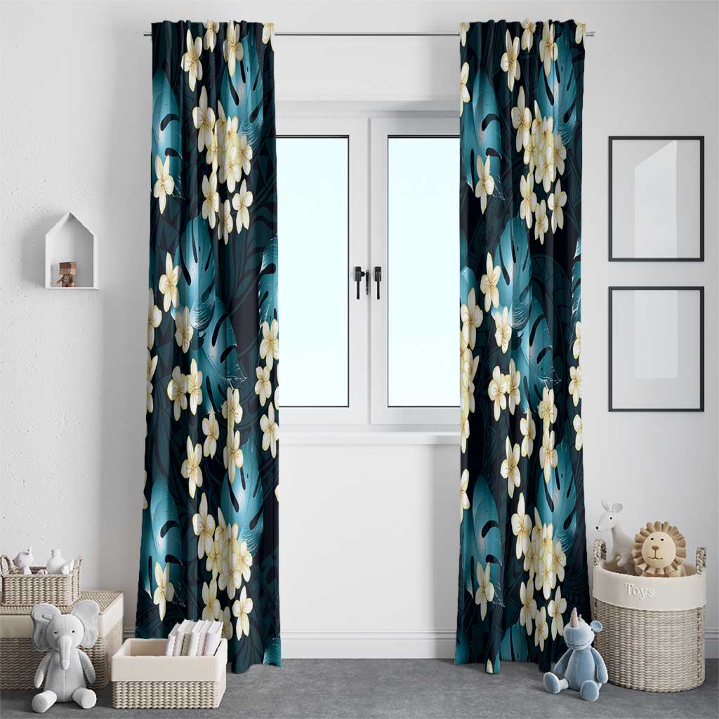 Dark Cyan Tropical Hawaii Window Curtain Seamless Monstera Plumeria Hawaiian Pattern - Polynesian Pride
