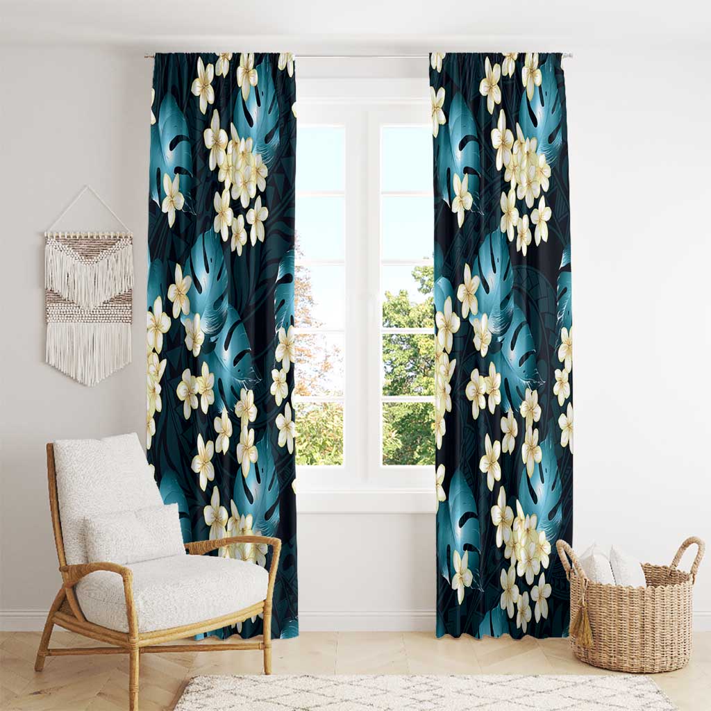 Dark Cyan Tropical Hawaii Window Curtain Seamless Monstera Plumeria Hawaiian Pattern - Polynesian Pride