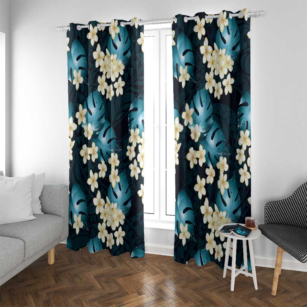 Dark Cyan Tropical Hawaii Window Curtain Seamless Monstera Plumeria Hawaiian Pattern - Polynesian Pride
