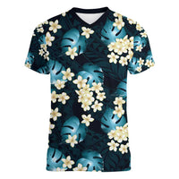 Dark Cyan Tropical Hawaii Women V-Neck T-Shirt Seamless Monstera Plumeria Hawaiian Pattern - Polynesian Pride