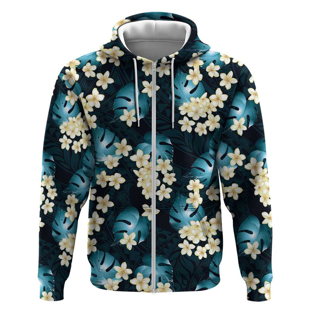 Dark Cyan Tropical Hawaii Zip Hoodie Seamless Monstera Plumeria Hawaiian Pattern - Polynesian Pride