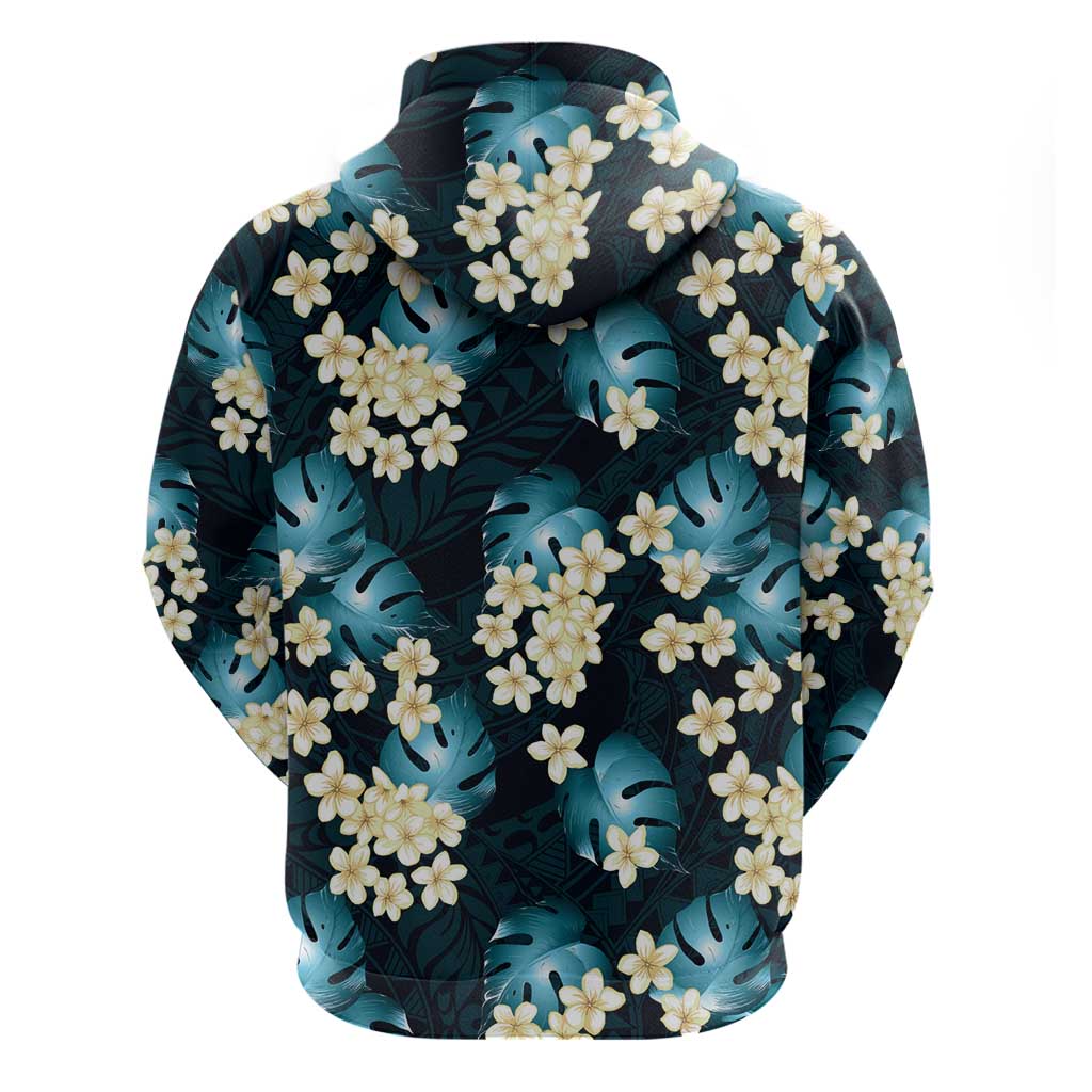 Dark Cyan Tropical Hawaii Zip Hoodie Seamless Monstera Plumeria Hawaiian Pattern - Polynesian Pride