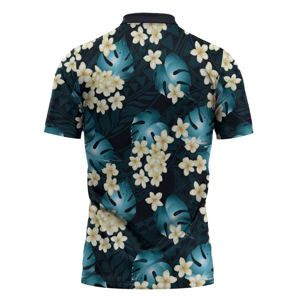 Dark Cyan Tropical Hawaii Zipper Polo Shirt Seamless Monstera Plumeria Hawaiian Pattern LT14 - Polynesian Pride
