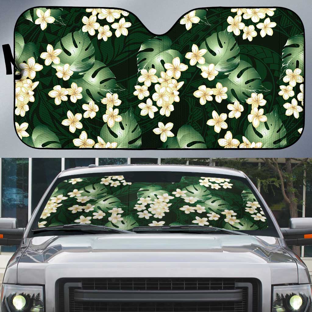 Green Tropical Hawaii Auto Sun Shade Seamless Monstera Plumeria Hawaiian Pattern - Polynesian Pride