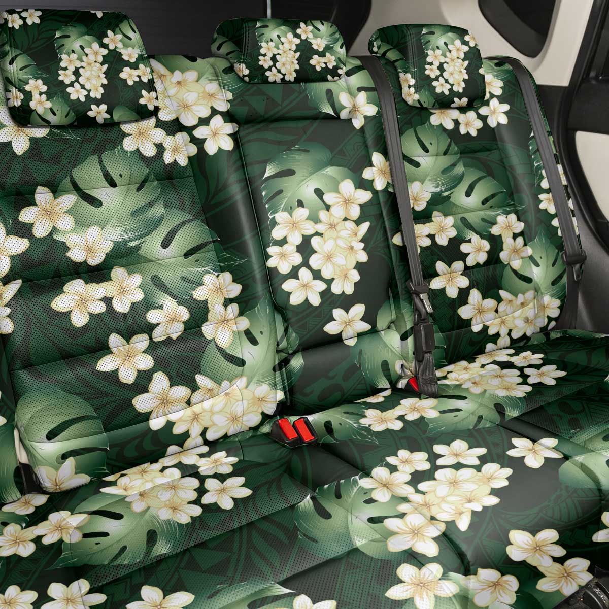 Green Tropical Hawaii Back Car Seat Cover Seamless Monstera Plumeria Hawaiian Pattern - Polynesian Pride
