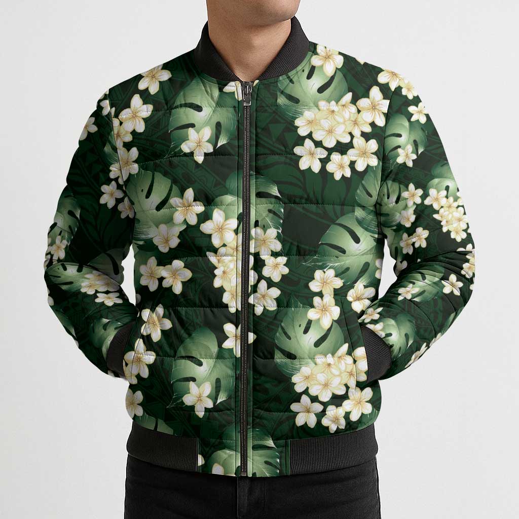 Green Tropical Hawaii Bomber Puffer Jacket Seamless Monstera Plumeria Hawaiian Pattern LT14 - Polynesian Pride