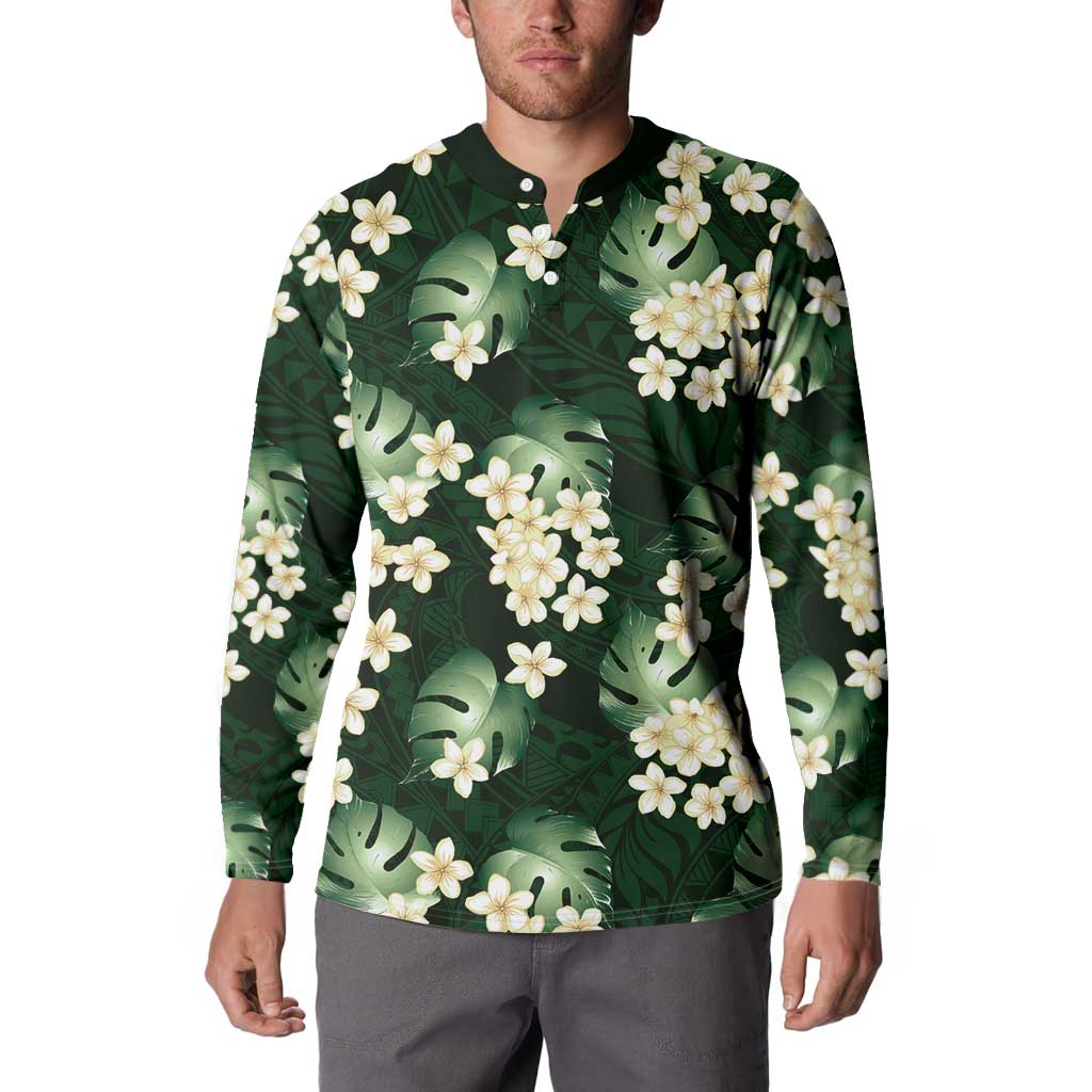 Green Tropical Hawaii Button Sweatshirt Seamless Monstera Plumeria Hawaiian Pattern LT14 - Polynesian Pride