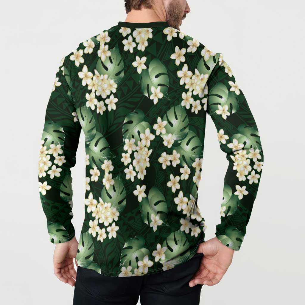 Green Tropical Hawaii Button Sweatshirt Seamless Monstera Plumeria Hawaiian Pattern LT14 - Polynesian Pride